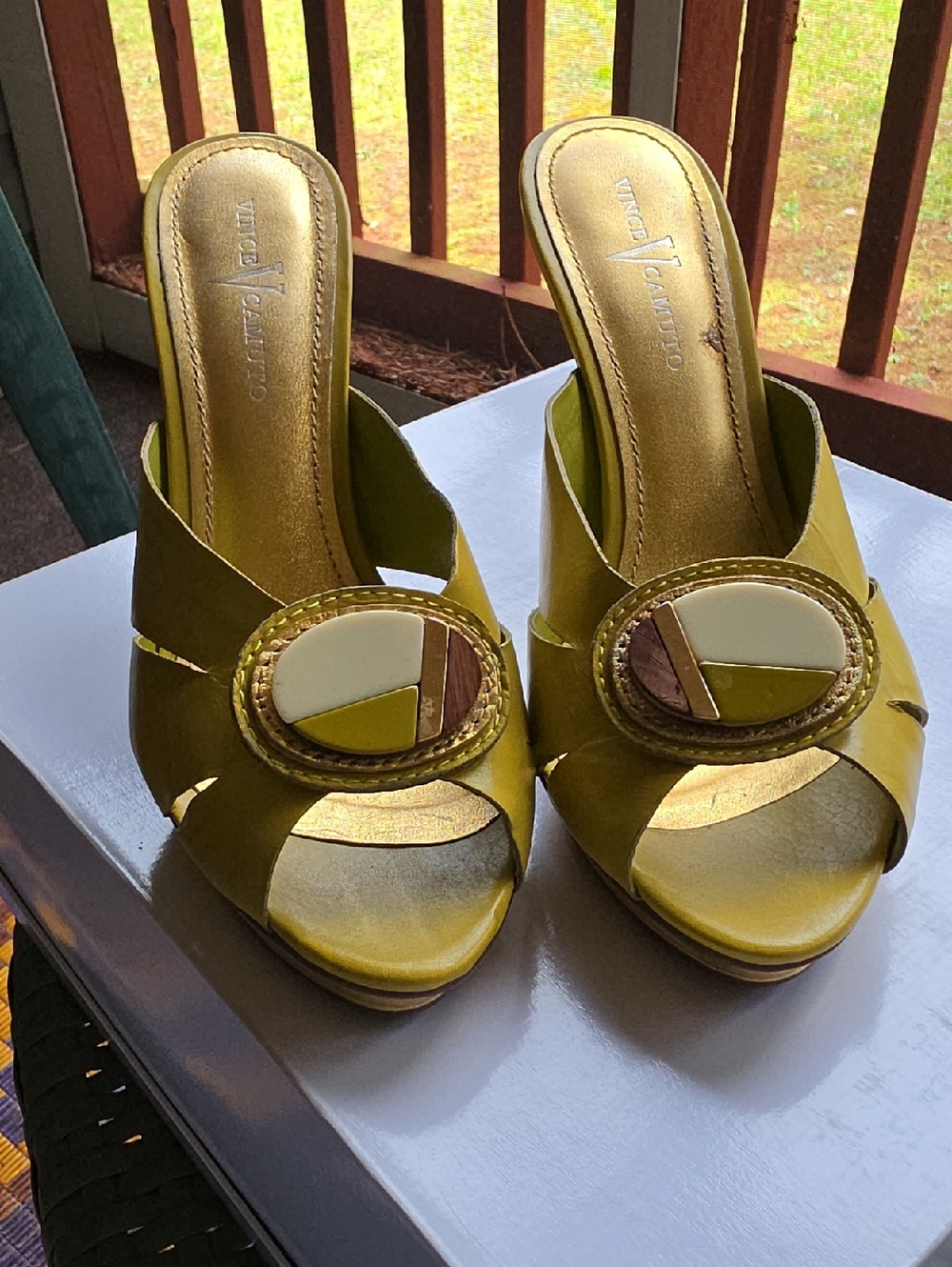 Vince Camuto Chartreuse Open-Toe Slide Sandals with Decorative Medallions